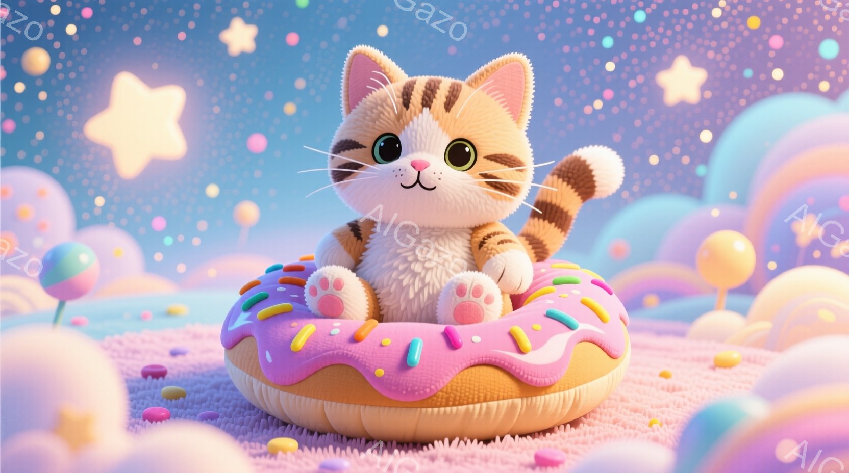 鮮やかなピンク色のドーナツの上に、ふわふわの茶色い子猫が座っています。子猫は丸い体で、緑の瞳と可愛らしい表情をしています。背景はパステルカラーの雲や星が散りばめられ、夢のような幻想的な雰囲気を醸し出しています。
