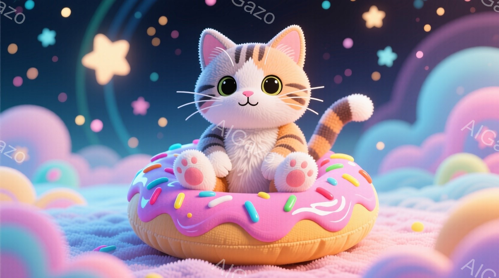 ふわふわのオレンジと白の猫が、ピンク色のアイシングとカラフルなスプリンクルで飾られたドーナツの上に座っています。猫は丸くて可愛らしい表情をしており、前足はドーナツの縁に、後ろ足はドーナツの上に置いてリラックスしています。背景はパステルカラーの雲と星で満たされており、夢のような、遊び心のある雰囲気を醸し出しています。