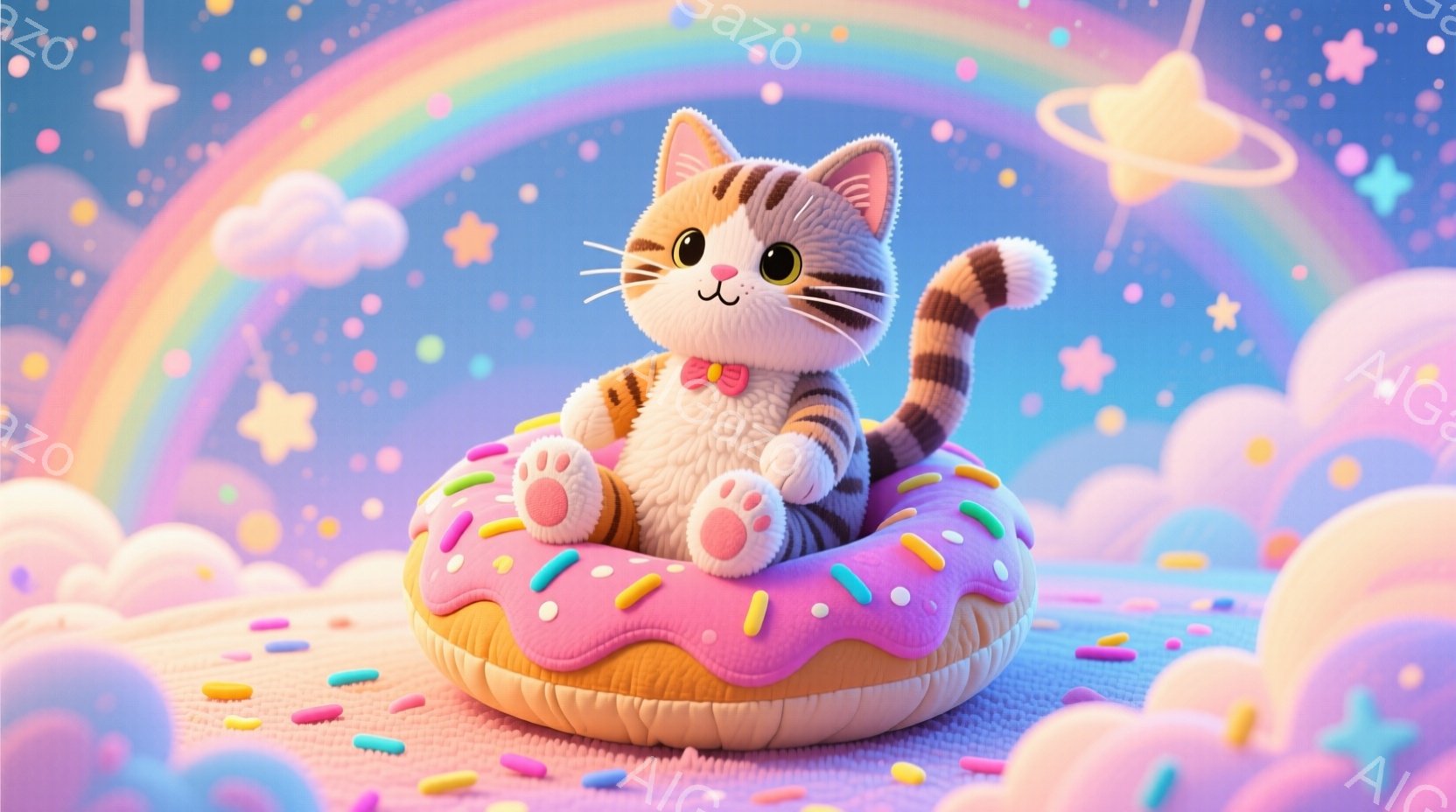 ふわふわとしたピンク色のドーナツの上に、オレンジと白の縞模様の猫が座っています。猫は赤いリボンをつけており、幸せそうな表情で、前足を出してリラックスしたポーズをとっています。背景には虹、雲、星、惑星が - AI生成フリー素材