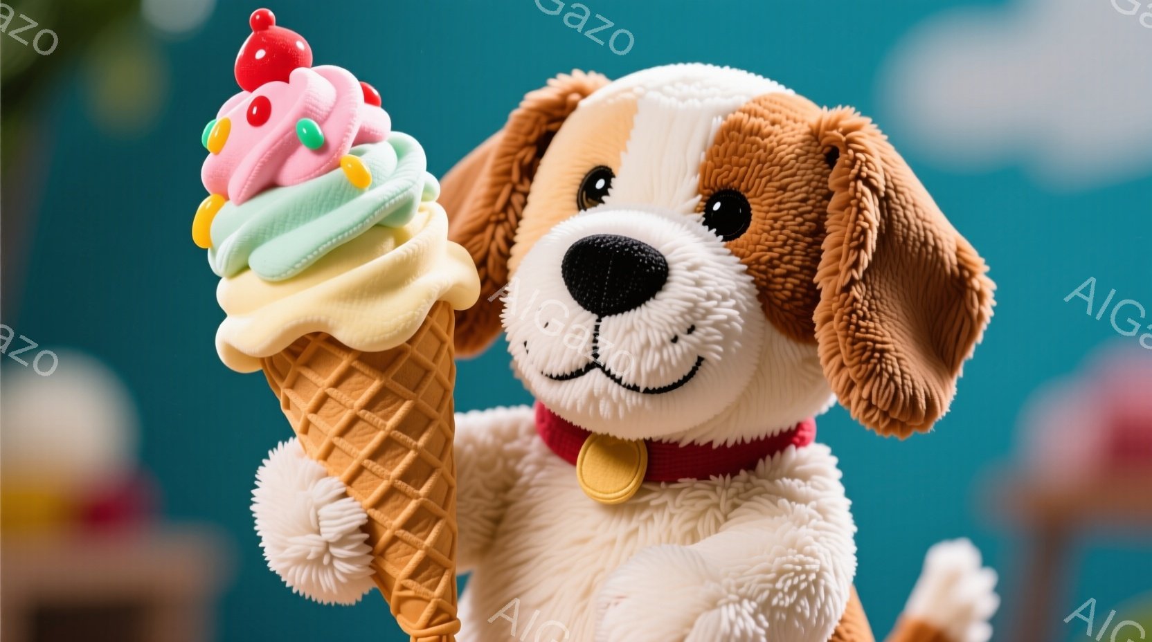 ふわふわのクリーム色の犬のぬいぐるみは、赤い首輪と金色のタグをつけています。右前足で大きなソフトクリーム（イチゴ、ミント、バニラ）を高く掲げており、可愛らしい表情をしています。背景は明るい青色で、ぼや - AI生成フリー素材