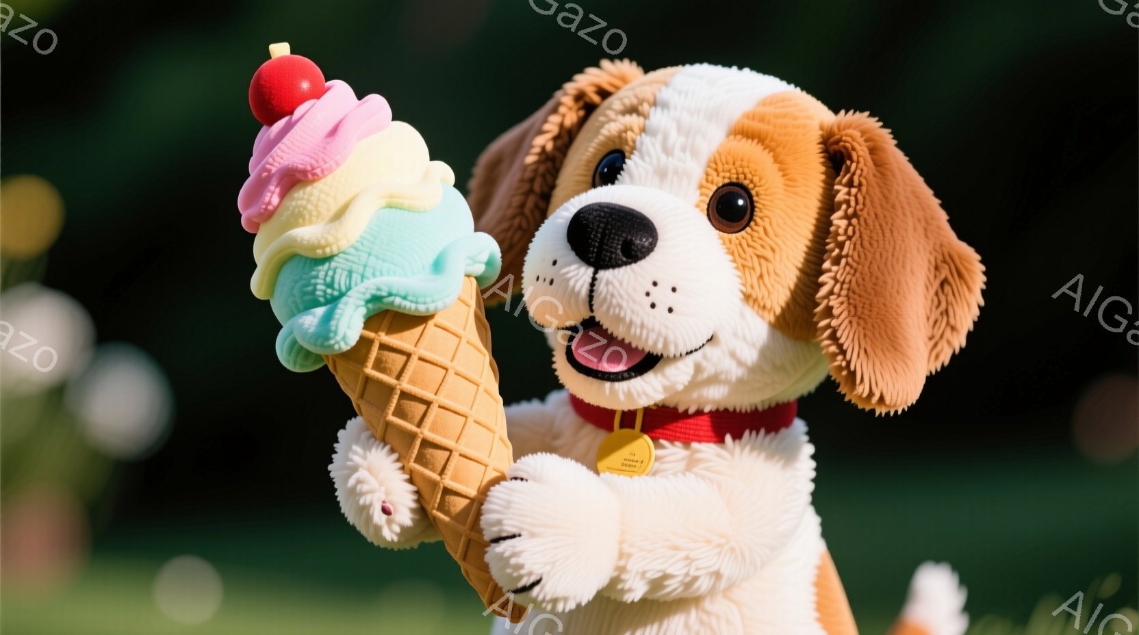 アイスクリームを高く掲げたぬいぐるみ犬が写っています。クリーム色の毛並みと茶色の斑点を持つ犬は、赤い首輪をつけており、喜びを表すように口を開けています。背景にはぼやけた緑色の植物が見え、暖かい夏の日を思わせる穏やかな雰囲気です。