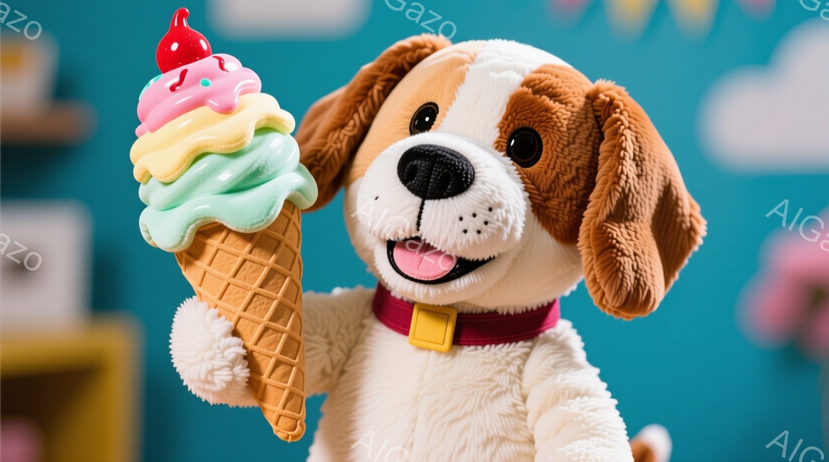 白と茶色の毛並みの犬のぬいぐるみは、大きなイチゴのトッピングが付いたソフトクリームを高く掲げています。赤い首輪には金色のバックルが付いており、嬉しそうな表情で口を開けています。背景は水色で、パステルカラーの雲や建物のイラストが描かれており、明るく楽しい雰囲気です。