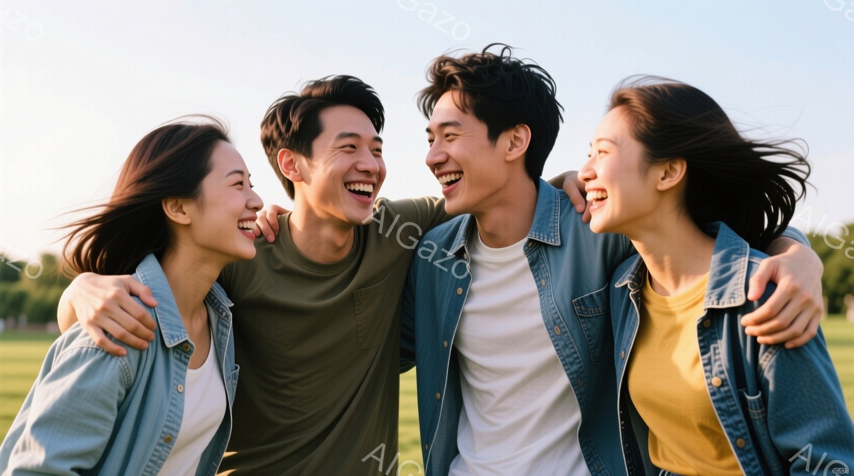 公園で肩を組んで笑う若い男女が写っています。女性は、デニムジャケットと黄色いシャツを着ており、長い髪が風になびいています。男性は、オリーブグリーンのシャツと白いシャツを着ており、皆、満面の笑みを浮かべ - AI生成フリー素材