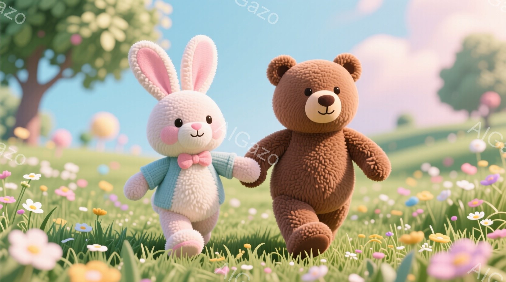 ふわふわの茶色のクマと、ピンク色のウサギが、花畑の中を並んで歩いています。ウサギは水色のセーターを着ており、クマは毛並みが柔らかく、二匹とも優しい表情をしています。背景には緑の丘と木々が広がり、明るい - AI生成フリー素材