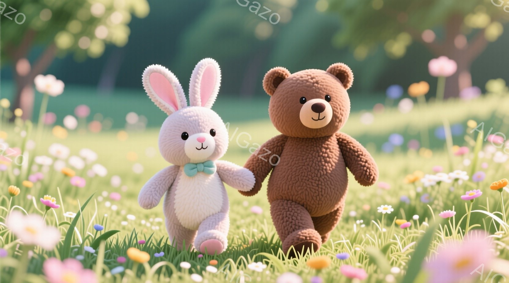 白いウサギと茶色のクマが、花が咲き乱れる草原の中を仲良く手をつないで歩いています。ウサギは水色の蝶ネクタイを付け、クマは愛らしい表情をしています。背景には緑豊かな木々が茂り、暖かく穏やかな春の日の雰囲気が漂っています。