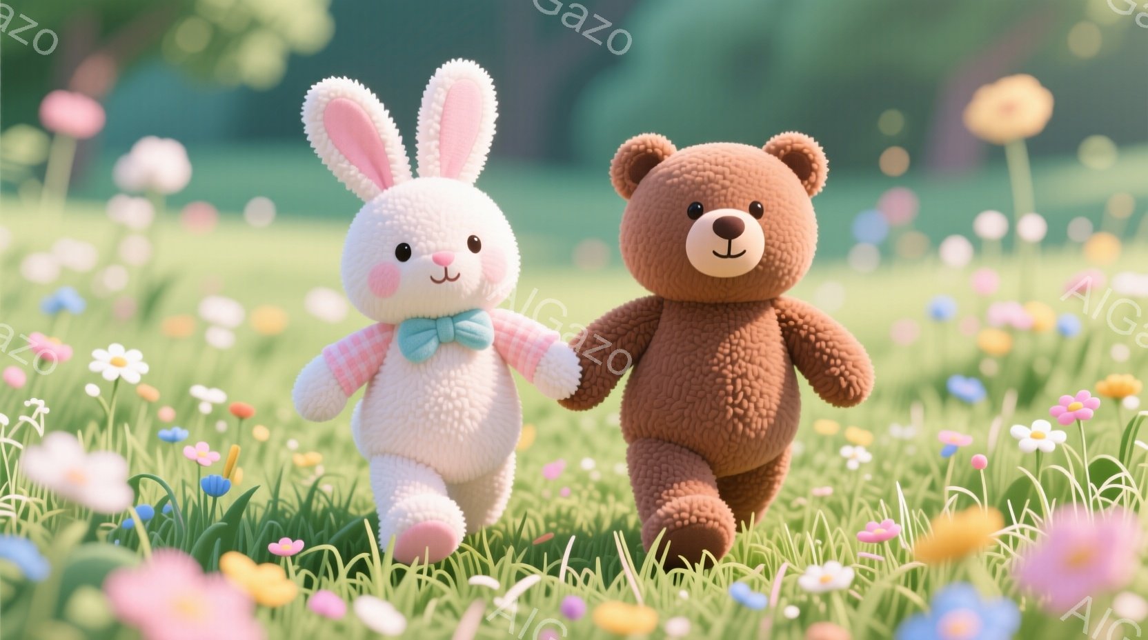 白いウサギと茶色のクマが、花畑の中を並んで歩いています。ウサギはピンクと白のストライプの服を着て、水色のリボンを結んでおり、クマは何も着ていません。背景には緑の草、色とりどりの花、そしてぼやけた緑の木々が見え、全体的に明るく、温かく、牧歌的な雰囲気です。