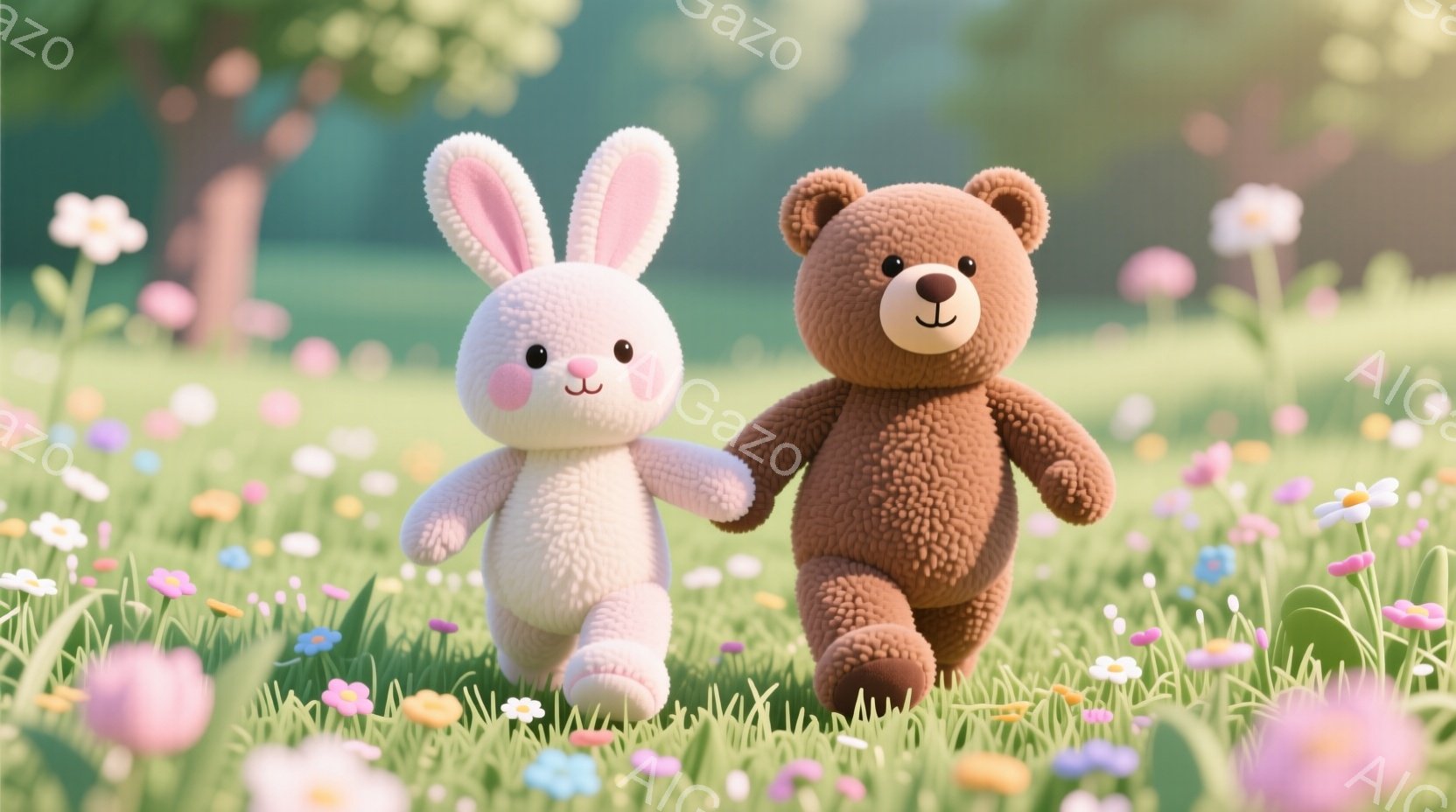 ふわふわの白いウサギと茶色のクマが手をつないで草の上を歩いています。周りには色とりどりの小さな花が咲き乱れ、背景には緑豊かな木々が見えます。全体的に柔らかく、温かく、幸せな雰囲気の画像です。 - AI生成フリー素材