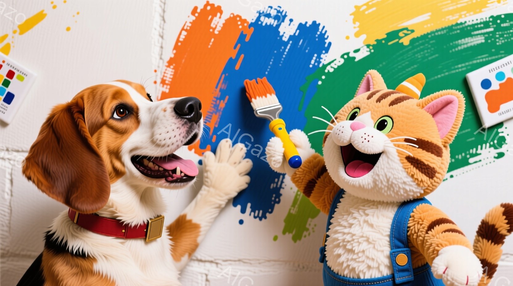 茶色と白のビーグル犬とオレンジ色の縞模様の猫が、カラフルな絵の具の背景の前で描画作業をしている様子が描かれています。犬は赤い首輪をつけており、口を開けて笑顔を見せています。猫は青いオーバーオールを着ており、片手に絵筆を持ち、楽しそうに描画しています。