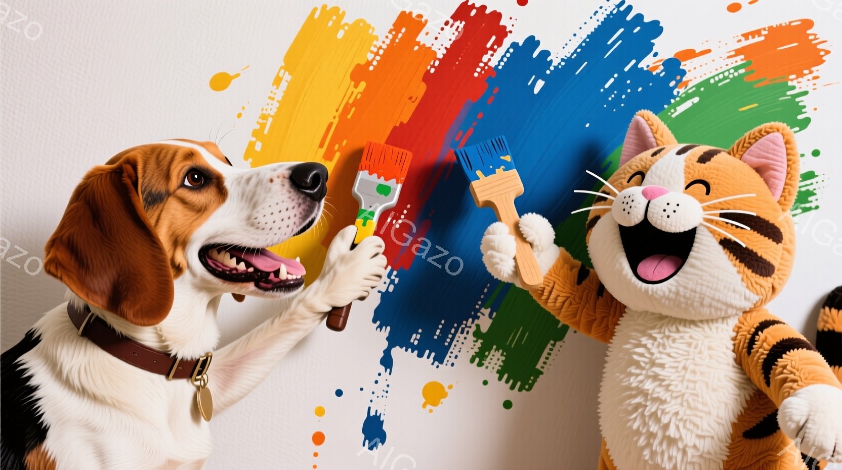 茶色と白のビーグル犬と、オレンジ色の縞模様の猫のぬいぐるみが出演しています。ビーグル犬は赤い首輪をつけており、口を開けて楽しそうにペイントブラシを持っています。背景にはカラフルな絵の具の飛沫が描かれた白い壁があり、全体的に明るく遊び心のある雰囲気です。