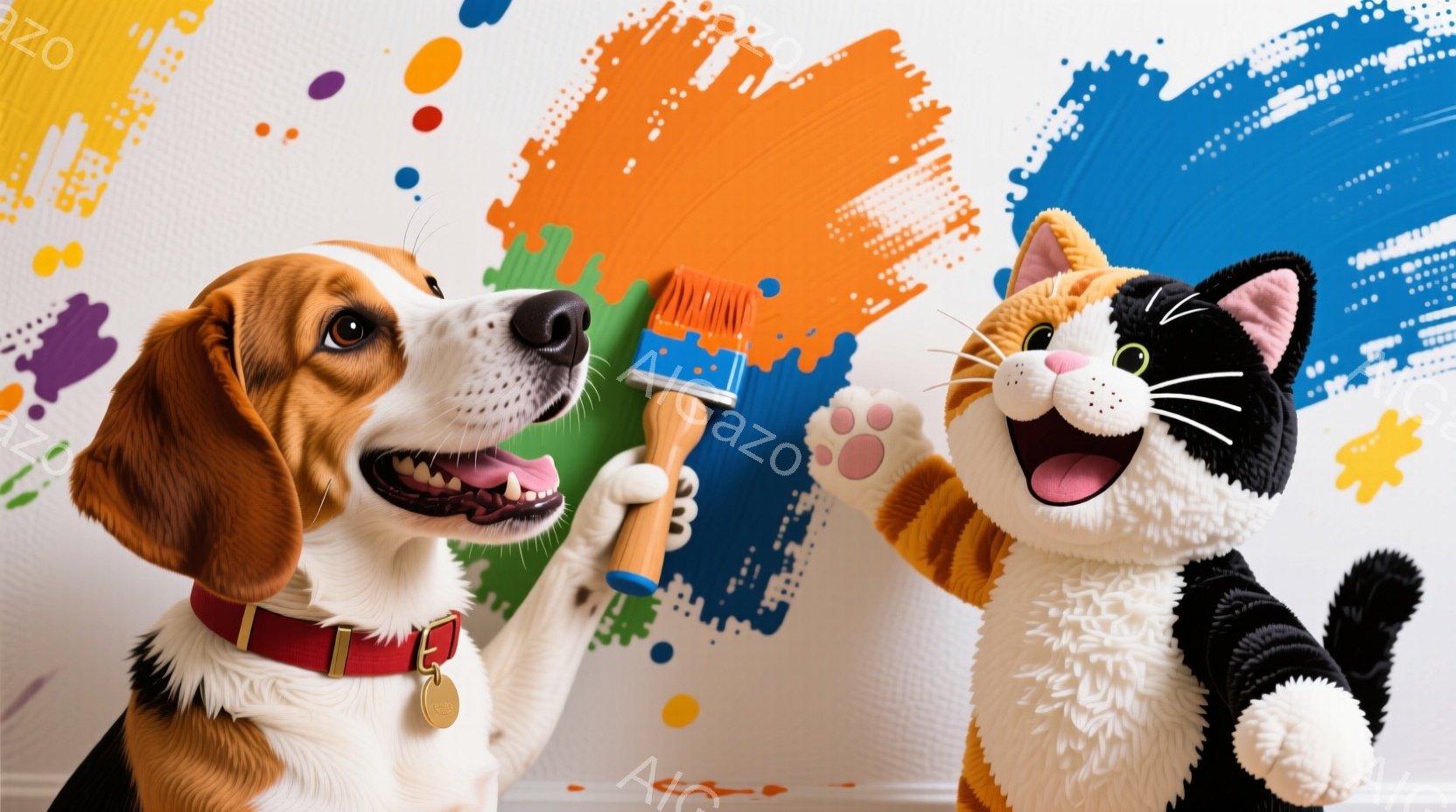 ビーグル犬と三毛猫が、カラフルなペイントが施された白い壁の前で描かれています。ビーグルは赤い首輪をつけており、片手に絵筆を持って嬉しそうに微笑んでいます。猫は両手を広げ、口を開けて陽気に笑っており、背景には赤、青、緑、黄色などの様々な色のペイントが飛び散るように描かれています。