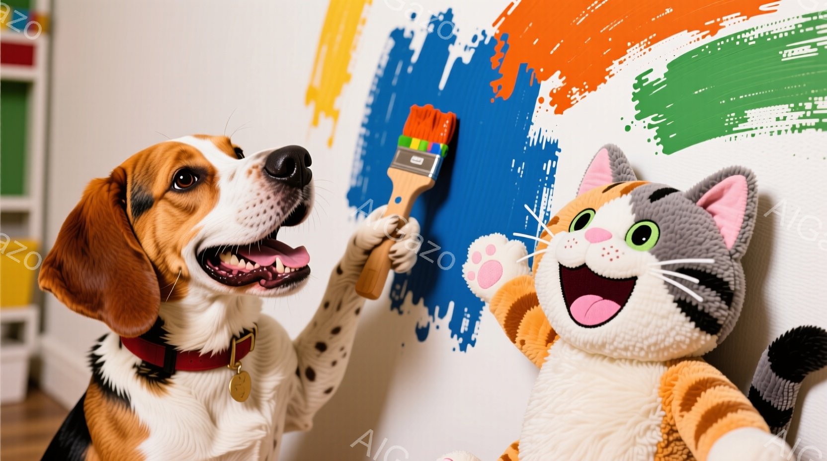 オレンジと白の毛並みの犬が、片手に青い絵筆を持って、壁に青いペイントを塗っている様子が描かれています。犬は赤い首輪を付けており、嬉しそうに口を開けています。背景には、カラフルなペイントが施された白い壁があり、犬の隣にはオレンジとグレーの縞模様の猫のぬいぐるみ、嬉しそうな表情で片手を上げています。