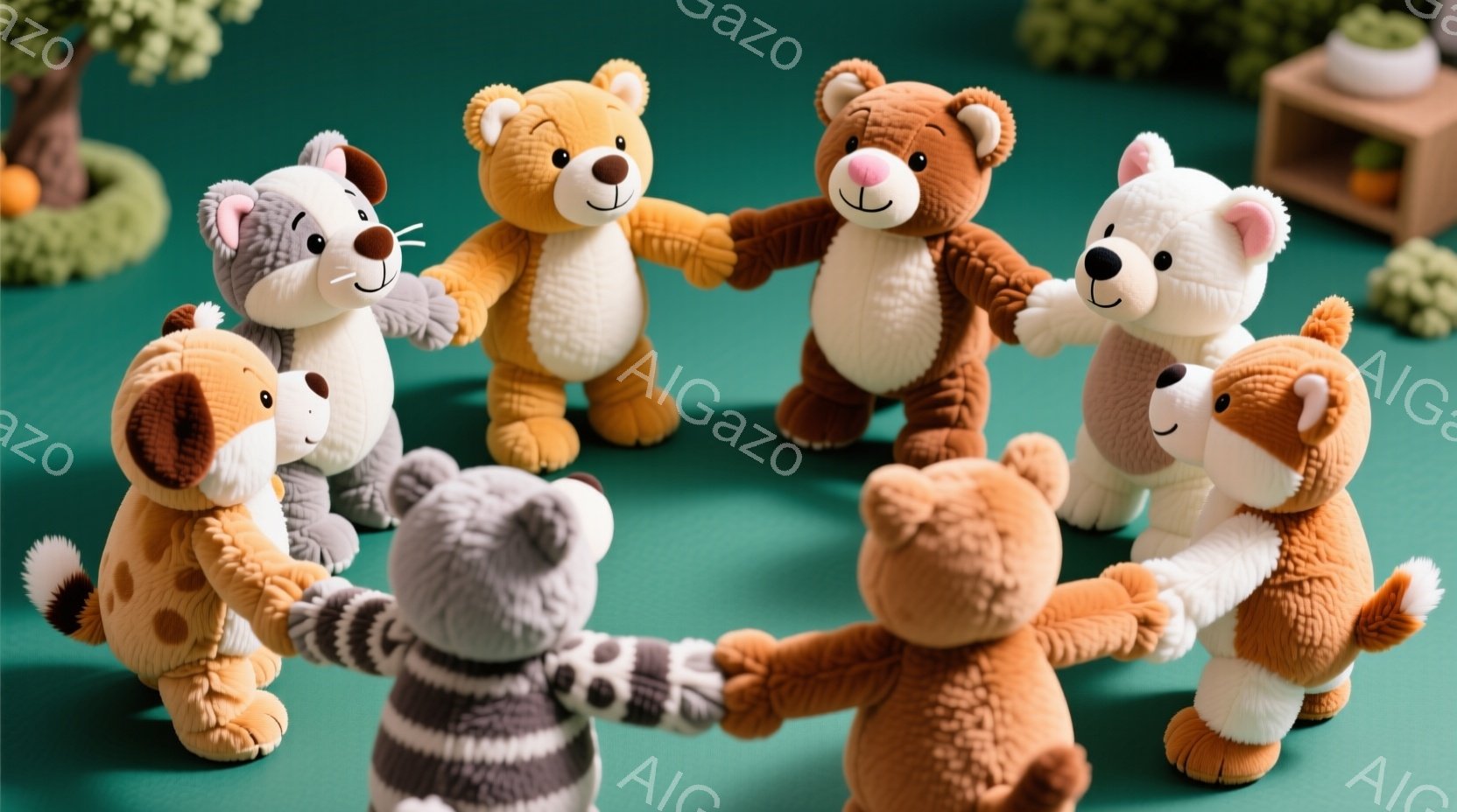 鮮やかな緑色の背景を前に、様々な動物のぬいぐるみたちが手をつないで輪になっている。それぞれのぬいぐるみは、茶色、灰色、白黒の縞模様など、異なる色合いと模様を持ち、愛らしい表情を浮かべている。背景には、小さな植物や装飾品が見え、全体的に暖かく、平和な雰囲気を醸し出している。