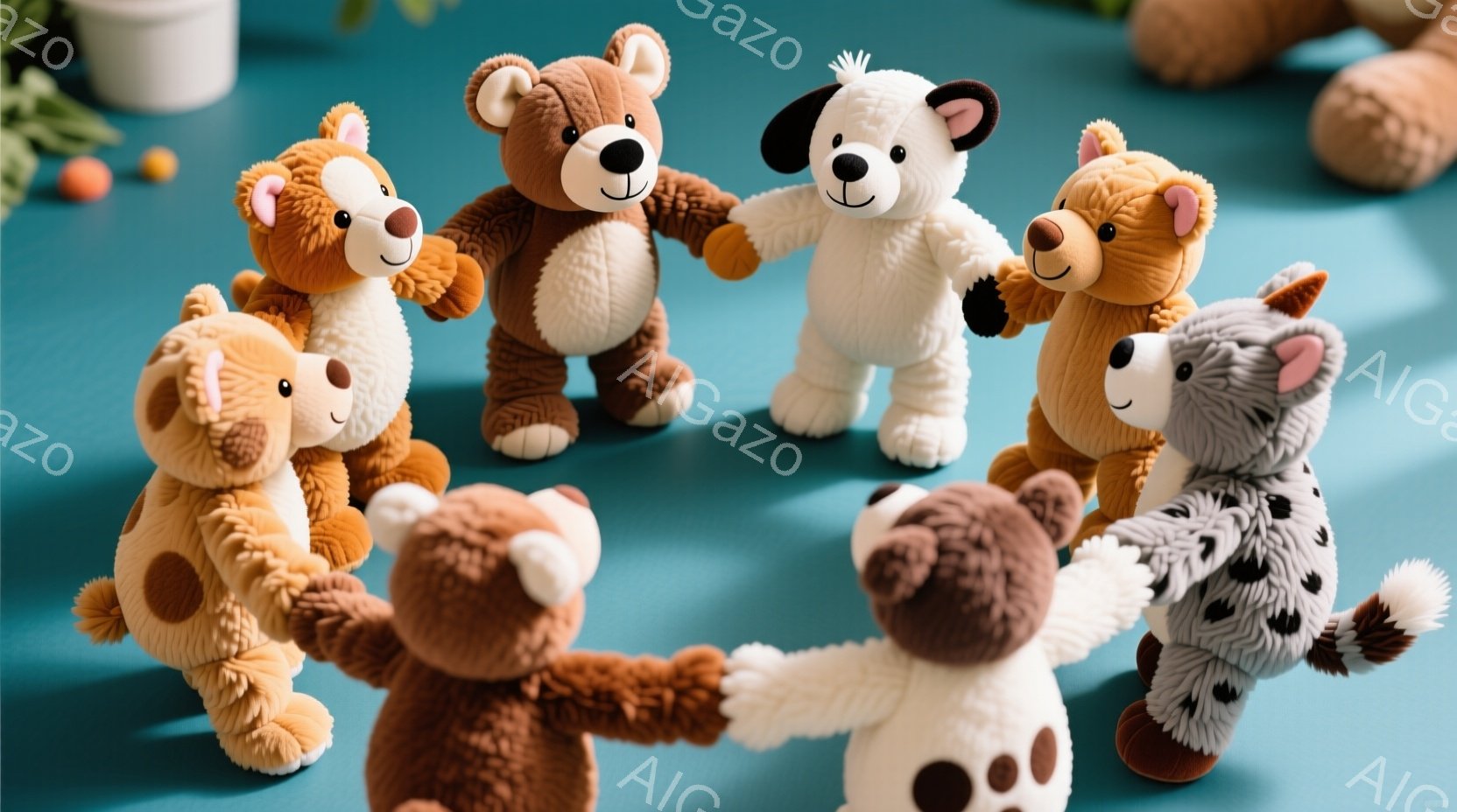 複数の愛らしいぬいぐるみが円になって手をつないでいます。茶色、ベージュ、白、グレーの様々な色合いで、それぞれ異なる動物を模しています。背景は明るい水色の表面で、左上には植物の一部が見え、温かく、遊び心のある雰囲気を作り出しています。