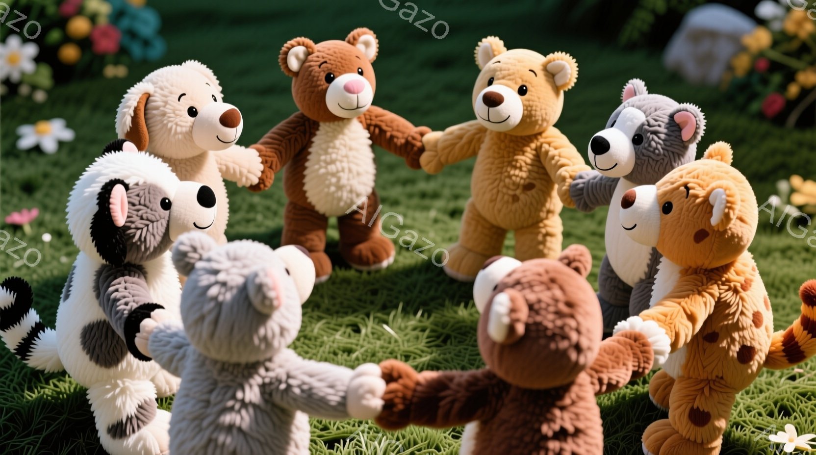 鮮やかな緑の芝生の上で、様々な動物のぬいぐるみたちが手をつないで輪になって立っています。それぞれのぬいぐるみは、茶色、灰色、オレンジ色など、異なる毛色をしており、表情は穏やかで愛らしいです。背景には、様々な色の花々が咲き乱れ、明るく暖かい雰囲気を作り出しています。