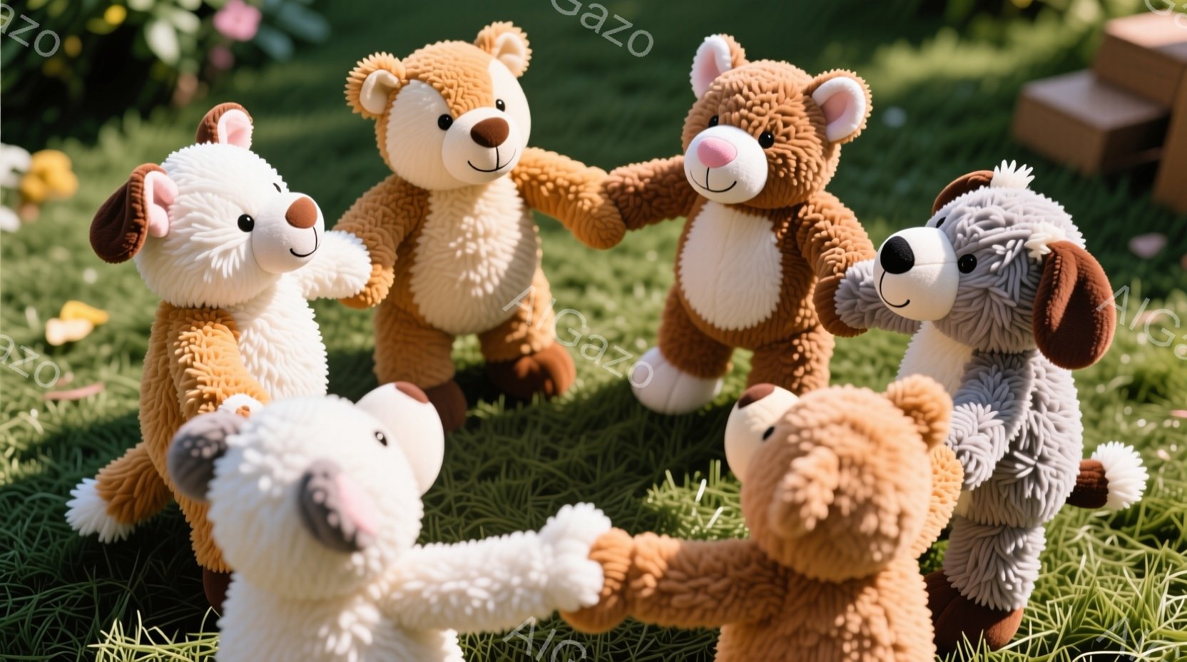 柔らかい芝生の上で、四匹のぬいぐるみ（熊、犬、灰色のアニマル）が手をつないで輪になっている。 それぞれのぬいぐるみは愛らしい表情をしており、暖かく優しい雰囲気を醸し出している。 背景にはぼやけた緑の植 - AI生成フリー素材