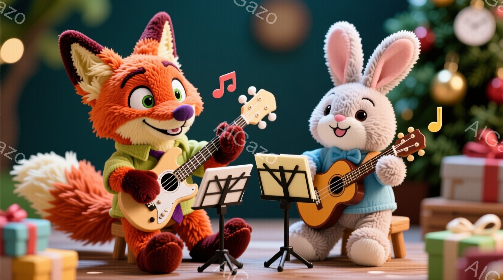 キツネとウサギがクリスマスのプレゼントに囲まれて、それぞれウクレレを演奏している様子が描かれています。キツネは緑色のセーターを着て、ウサギは青色のセーターを着ており、どちらも楽しそうな表情をしています。背景にはクリスマスツリーが飾られ、暖かくお祝いムードが漂っています。