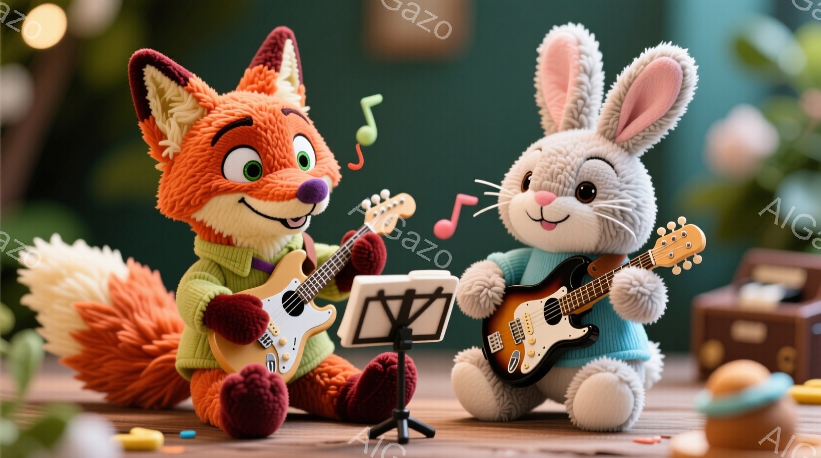 オレンジ色のキツネと白いウサギが、それぞれギターを演奏しています。二匹は可愛らしいセーターを着ており、ウサギは水色のセーター、キツネは緑色のセーターを着ています。背景には木製のテーブルと、何かの装置や小物が見え、温かく、楽しい雰囲気です。