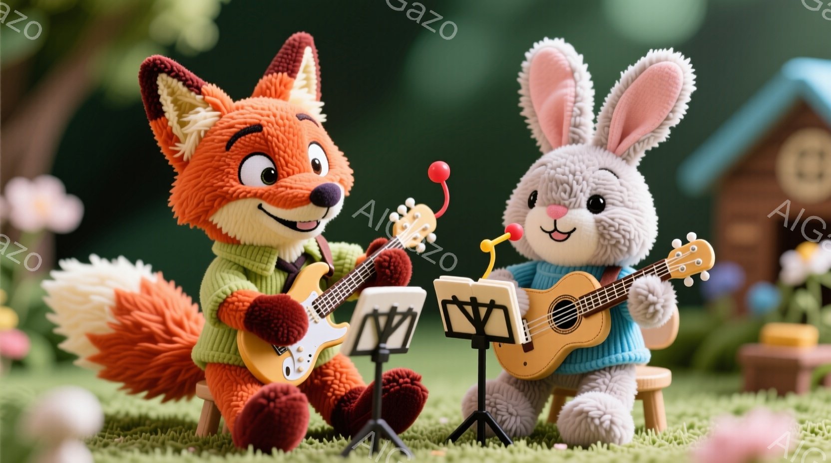 鮮やかなオレンジ色のキツネとふわふわの白いウサギが、それぞれギターとウクレレを弾いています。キツネは緑色のセーターを着て、ウサギは水色のセーターを着ており、どちらも笑顔で楽器に向かっています。背景には緑の芝生とカラフルな花が咲き、可愛らしい家が見え、穏やかで楽しい雰囲気です。