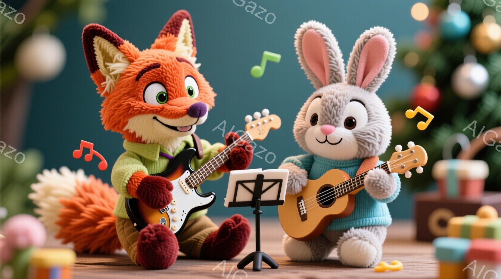 オレンジ色の狐と灰色のウサギが、クリスマスの飾り付けられた部屋でギターとウクレレを演奏している様子が描かれています。二人とも青いセーターを着ており、楽しそうな表情で音楽に集中しています。背景にはプレゼントやクリスマスツリー、楽譜スタンドがあり、暖かく穏やかなクリスマスの雰囲気を醸し出しています。