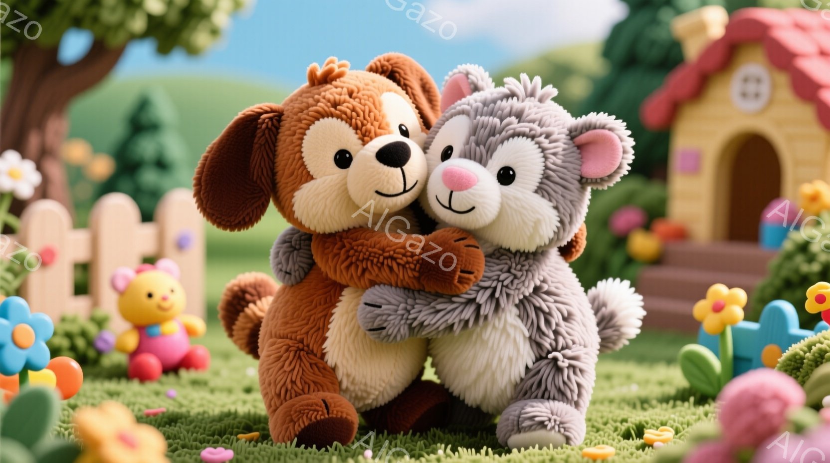 ぬいぐるみ2匹が寄り添って抱き合っています。茶色の犬のぬいぐるみは、灰色のウサギのぬいぐるみを優しく抱きしめ、それぞれ穏やかな表情をしています。背景には、カラフルな花々が咲き乱れる緑の芝生、可愛らしい家、そして他のぬいぐるみが見え、全体的に温かく、幸せな雰囲気が漂っています。