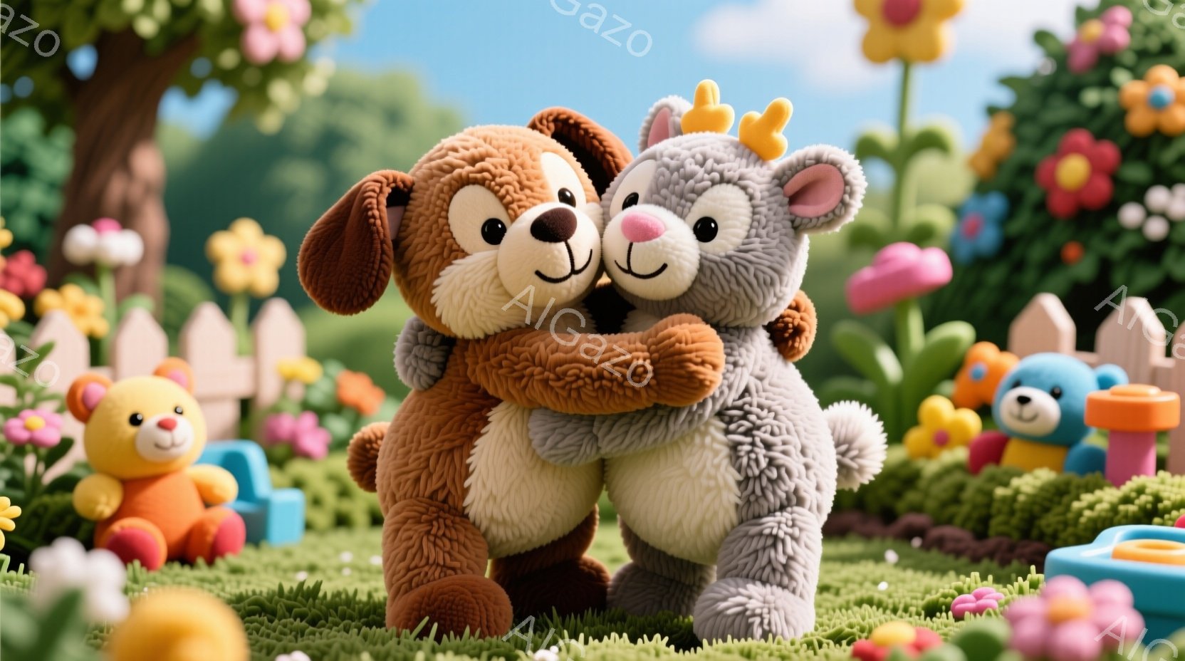 ぬいぐるみのような犬とウサギが抱き合っている様子が描かれています。背景には色とりどりの花々や、ミニチュアのフェンス、そして他のぬいぐるみたちが点在し、明るく可愛らしい雰囲気を作り出しています。全体的に暖かく、優しい気持ちになるような、牧歌的な光景です。