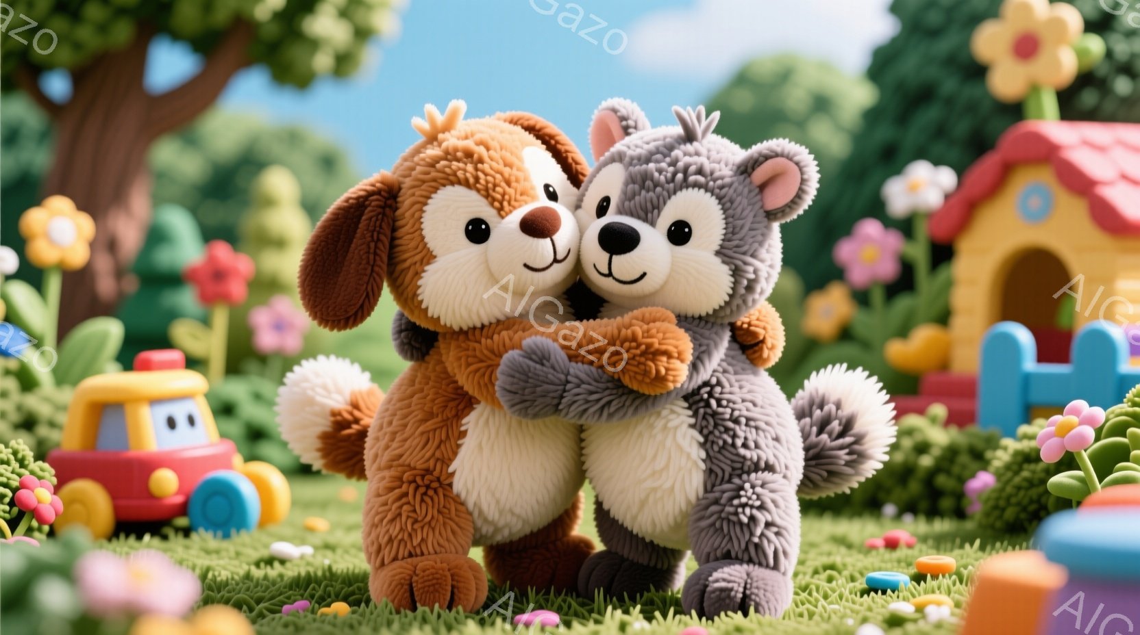 ふわふわの茶色い犬のキャラクターと灰色のクマのキャラクターが抱き合っています。背景には、カラフルなおもちゃの車や家、そして緑の草と花が広がる可愛らしい風景が広がっています。全体的に明るく、温かく、遊び - AI生成フリー素材