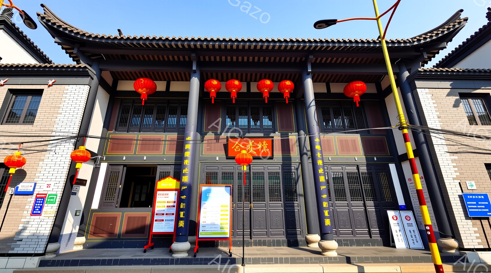 古い様式の建物が写っており、赤い提灯が軒下に整然と並んでいます。建物の入り口には、漢字で書かれた看板があり、両脇には柱が立ち並び、伝統的な雰囲気を醸し出しています。道路脇には交通標識や案内板が設置され、現代的な要素も混ざり合って、歴史と現代が調和した街並みの一角を切り取ったような印象を与えます。