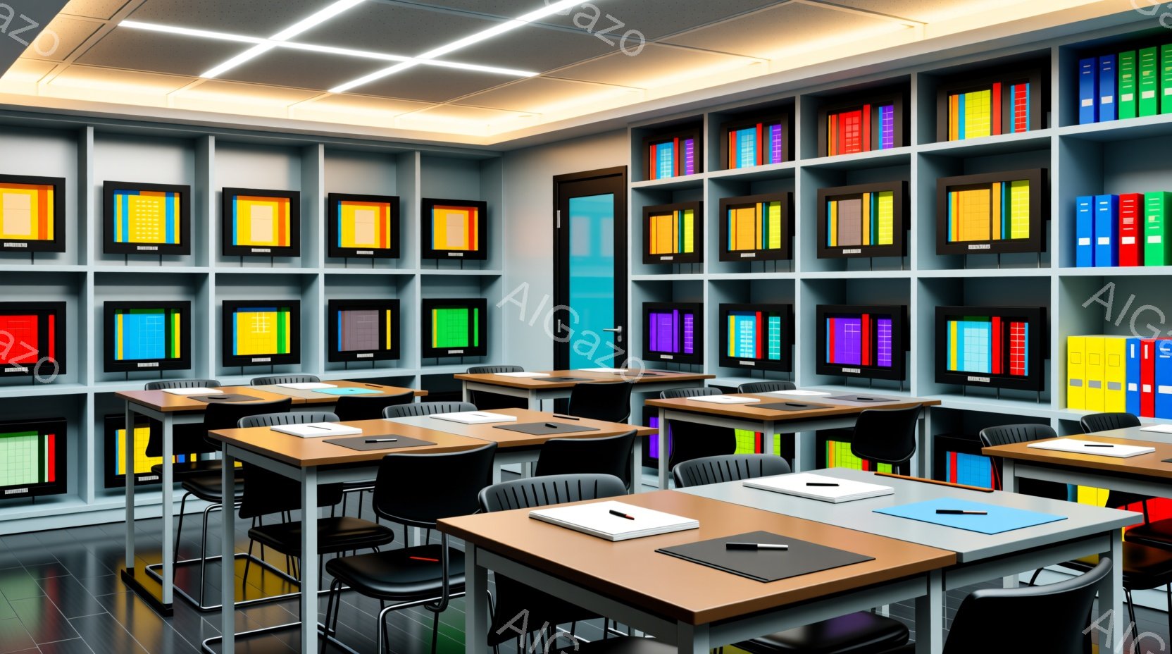 教室には、黒い椅子と茶色の机が整然と並べられています。壁一面にはカラフルなファイルが収納された棚があり、学習空間を明るく彩っています。全体的に、モダンで整然とした雰囲気の教室で、集中して学習できる環境が整っているように見えます。