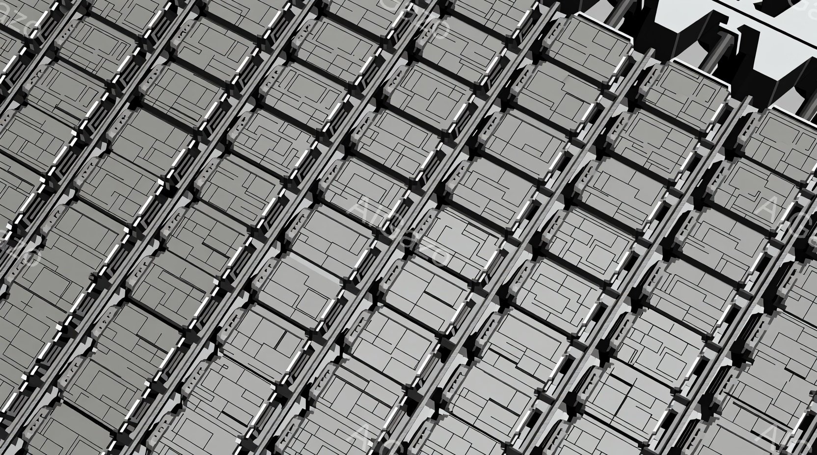 未来的な都市の俯瞰図のような、規則的に並んだ建物群を示している。各建物は立方体のような形状で、均一な灰色の色調を持ち、独特の幾何学的な模様が施されている。全体的に、無機質で冷たい印象を与え、SF映画に出てくる未来都市の風景を彷彿とさせる。