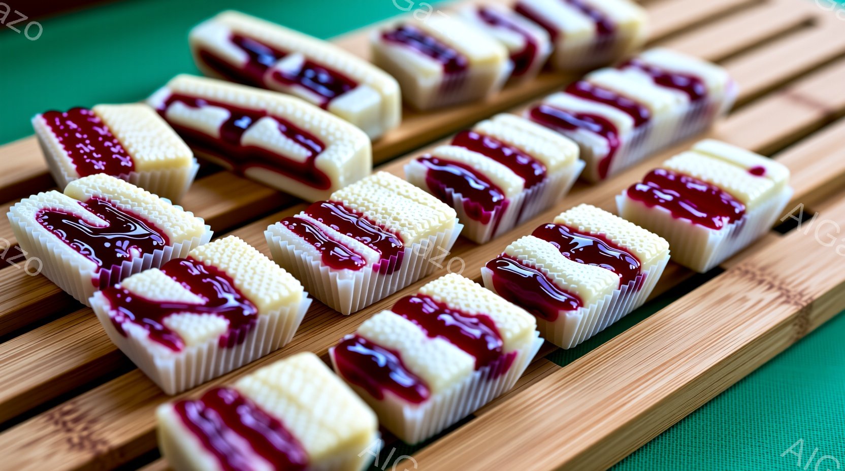 赤色の餡が中央に挟まれた、白い麩の生地で作られた長方形の和菓子が、竹製の盆に整然と並べられています。盆の下には緑色の布が敷かれており、和菓子の白と赤、そして竹と緑のコントラストが目に鮮やかです。全体的に上品で落ち着いた雰囲気があり、伝統的な日本の美意識を感じさせます。