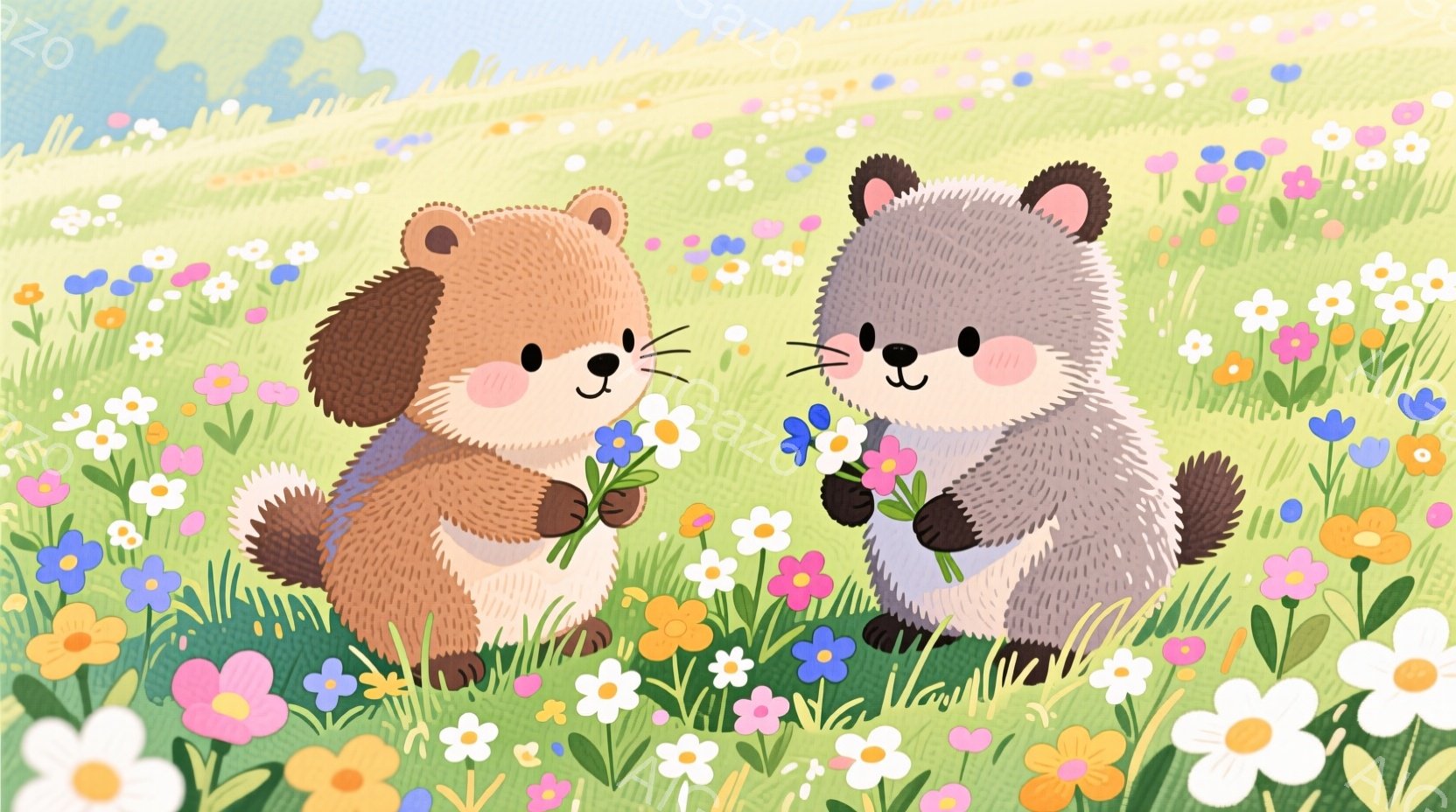 春の野原で過ごすふたりのマスコット（キツネコ）のような人気キャラクターが描かれています。 お互いに花を手渡し、彼らは親密な笑顔で向き合っています。 周りには春のフラワーが茂り、青空と明るい太陽が映えるようです。 全体的に、幸せな団らんを感じさせます。