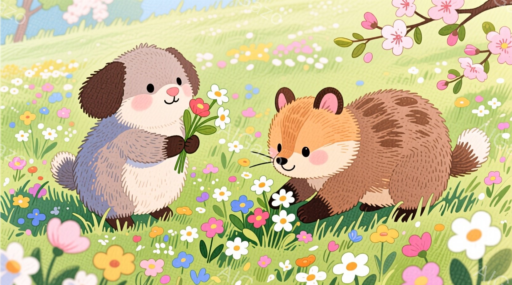 灰色の毛並みの犬と茶色の毛並みのリスが、花畑の中で寄り添っています。犬は手にピンク、白、黄色の花束を持っており、リスは嬉しそうに犬を見上げています。背景には緑の草むらと、桜の花が咲いている木があり、春 - AI生成フリー素材