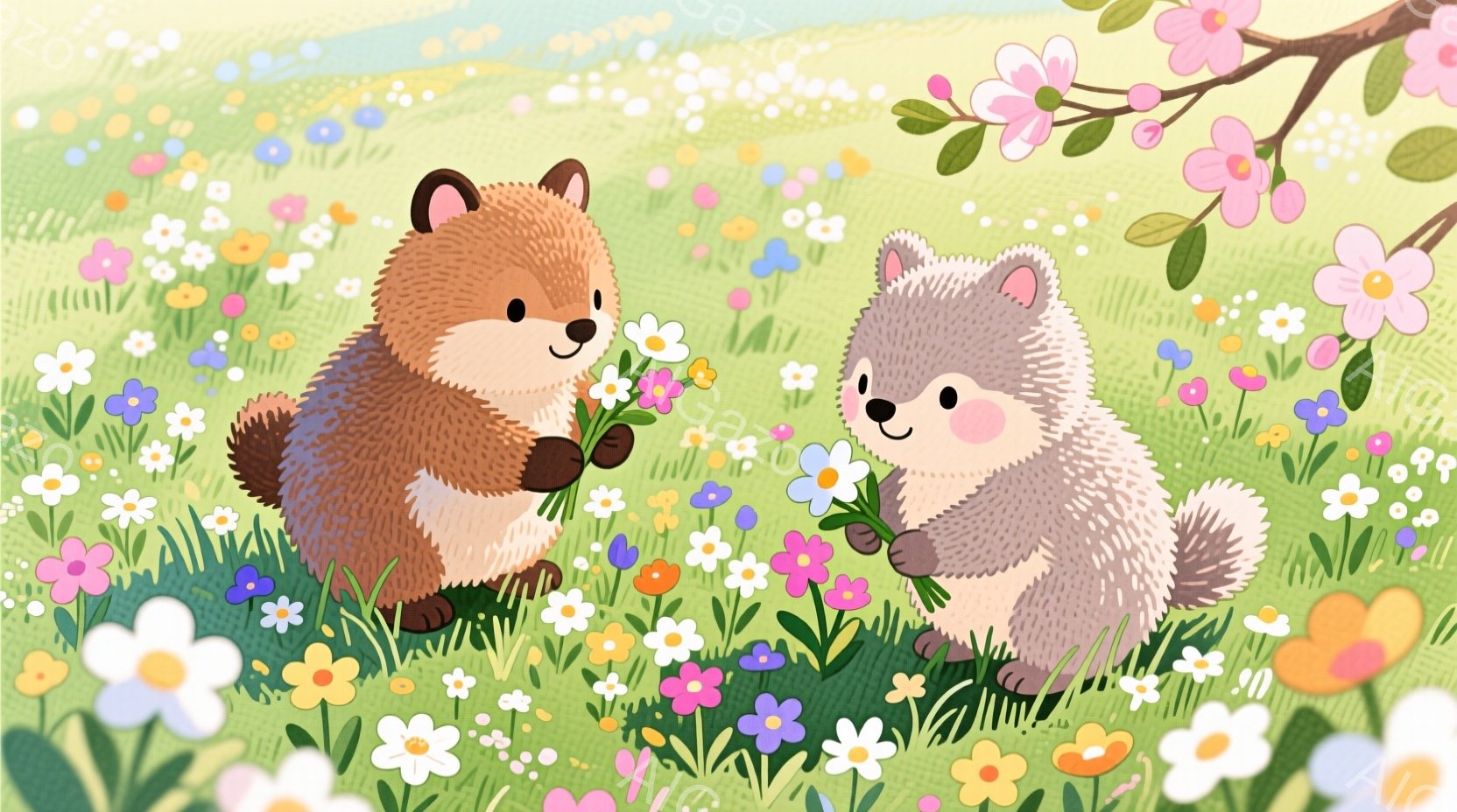 二匹の動物が花束を交換し合っています。どちらも茶色い毛並みで、丸いフォルムとつぶらな瞳が可愛らしいです。背景は緑の草原と色とりどりの花で満たされ、春らしい暖かく優しい雰囲気が漂っています。 - AI生成フリー素材