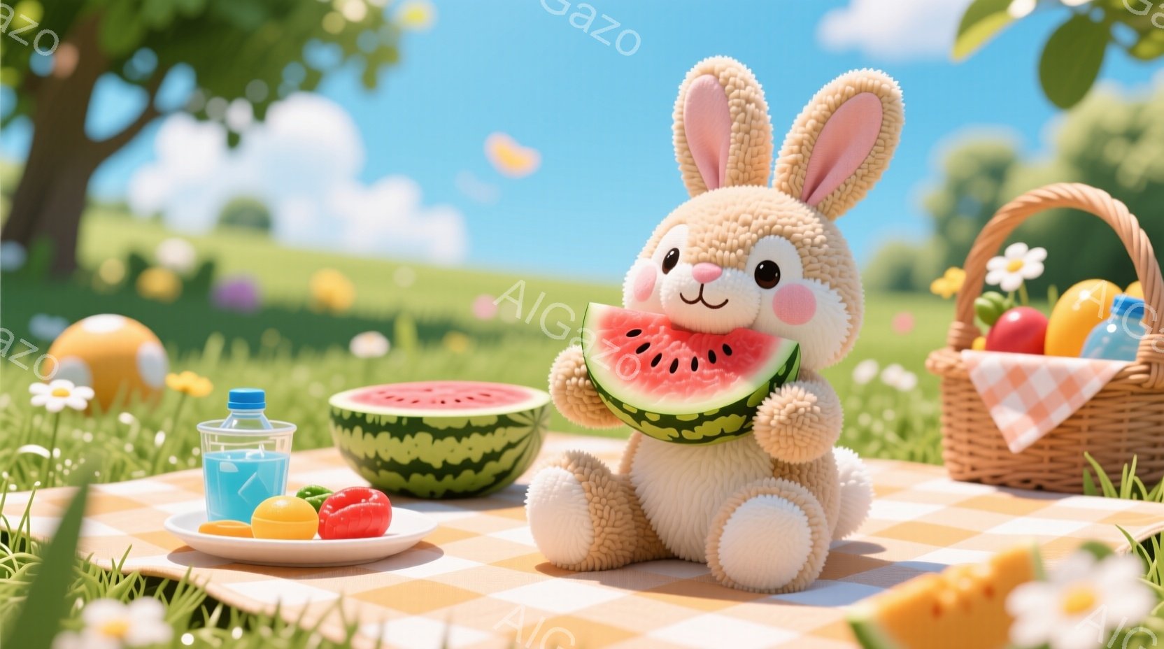 ふわふわの白いウサギが、赤いスイカを美味しそうに食べています。ウサギは緑の草の上に広げられたチェック柄のピクニックシートに座り、周りには青い空と白い雲が広がっています。フルーツや飲み物、花が置かれたピ - AI生成フリー素材