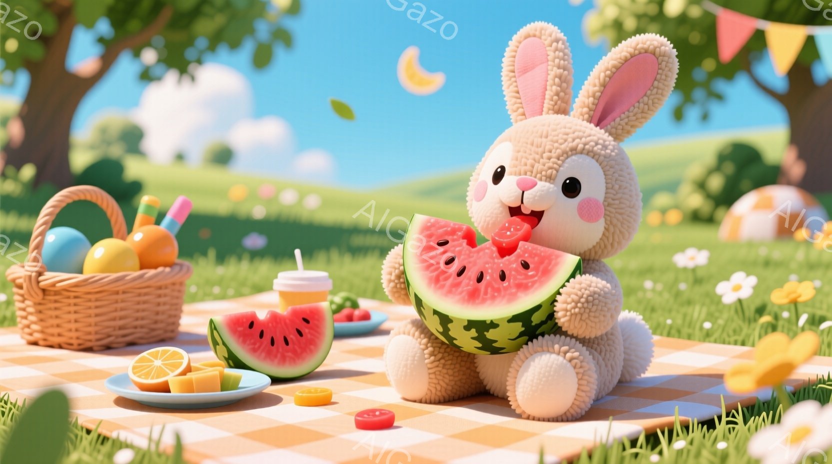 ふわふわのうさぎが、大きなスイカを美味しそうに頬張っています。ピクニックシートの上には、スイカのカットや飲み物、果物が置かれ、背景には緑豊かな草原と青い空が広がっています。全体的に明るく、可愛らしい雰 - AI生成フリー素材