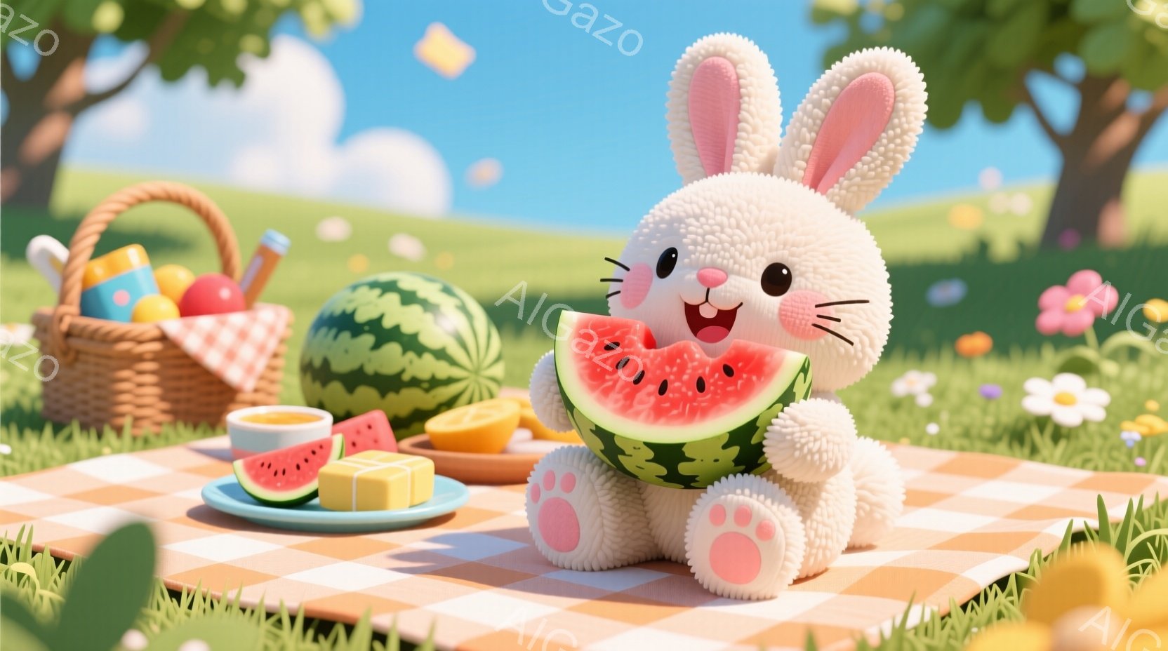 ふわふわの白い子ウサギが、大きなスイカを抱えて笑顔で座っています。赤いチェック柄のピクニックシートの上には、スイカのスライス、オレンジ、バター、飲み物が置かれたお皿があります。背景には緑の草原、花、木 - AI生成フリー素材