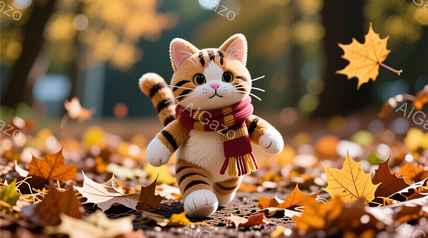 白と茶色の縞模様の猫が、赤いストライプの短いスカーフを首に巻き、落ち葉だらけの地面を軽快に歩いている。その表情は穏やかで、丸い目と小さな鼻が可愛らしい印象を与える。背景は秋の自然で、落ち葉が敷き詰めら - AI生成フリー素材