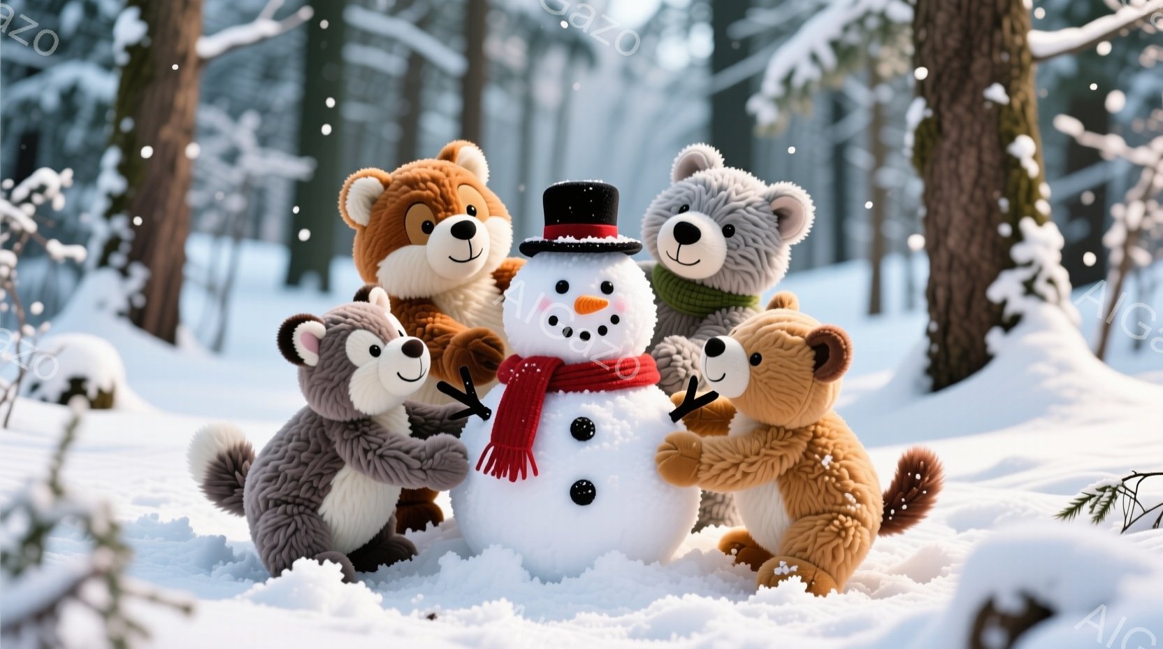 雪景色の中に、テディベアたちが雪だるまと輪になって寄り添っている様子が描かれています。各クマは異なる毛色で、緑、茶色、灰色、そして明るい茶色のセーターを着ています。背景には雪に覆われた木々が立ち並び、 - AI生成フリー素材