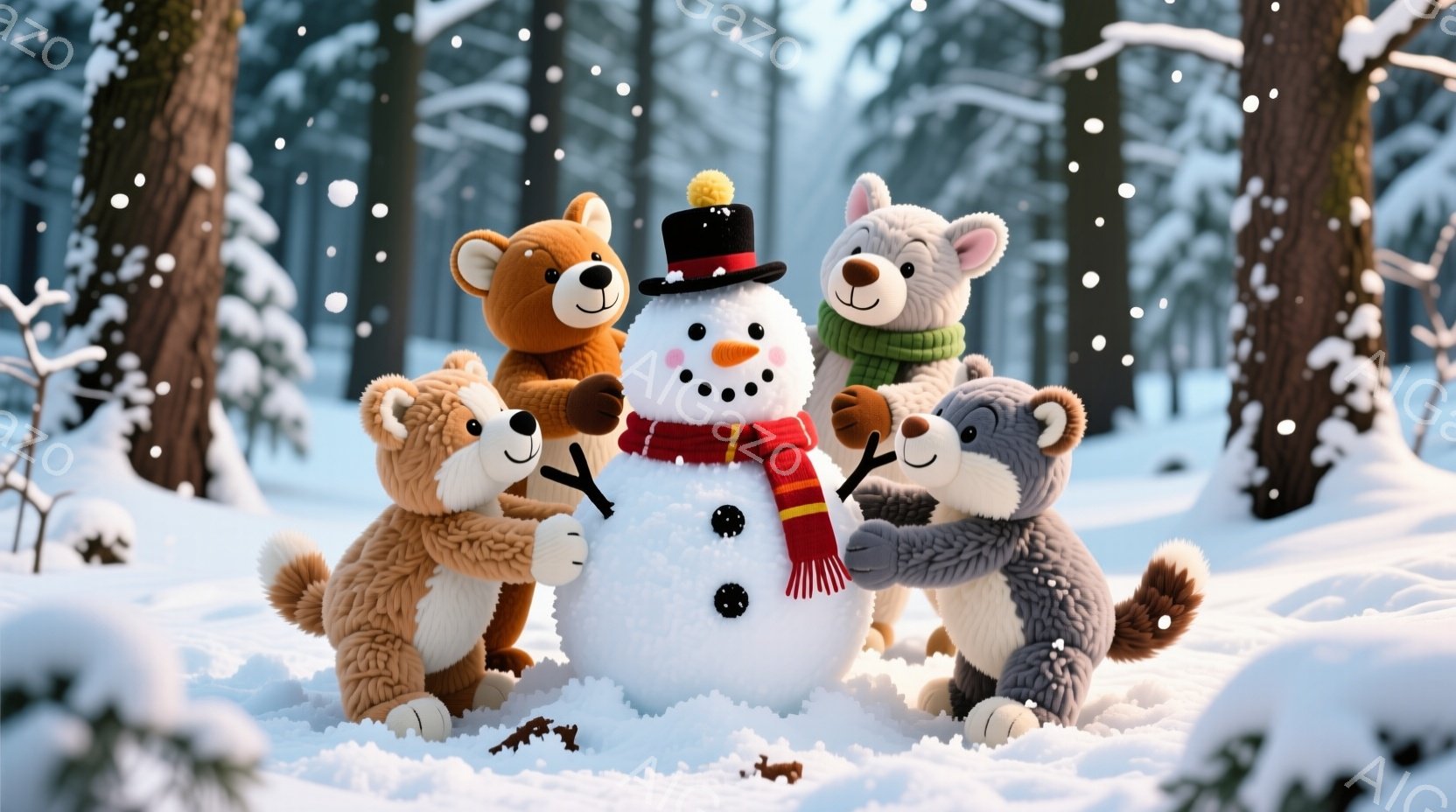 雪景色の中で、可愛らしいクマたちが雪だるまを囲んでいます。クマたちはそれぞれ異なる色のセーターを着ており、満面の笑みを浮かべて雪だるまと触れ合っています。背景には雪に覆われた木々が立ち並び、温かく幸せ - AI生成フリー素材