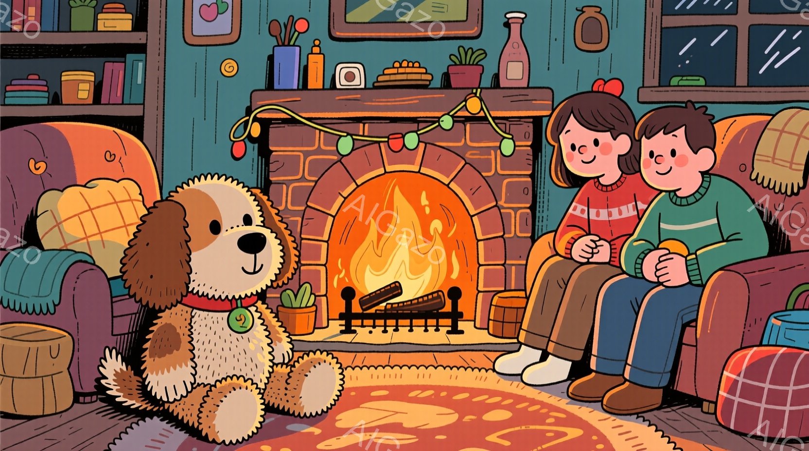 暖炉の前で、少年と少女が犬と一緒に座っています。少年は青いセーターとズボンを身につけ、少女は赤いセーターを着ています。暖炉の周りにはクリスマス飾りがあり、背景には本棚と窓が見え、温かく、居心地の良い雰 - AI生成フリー素材