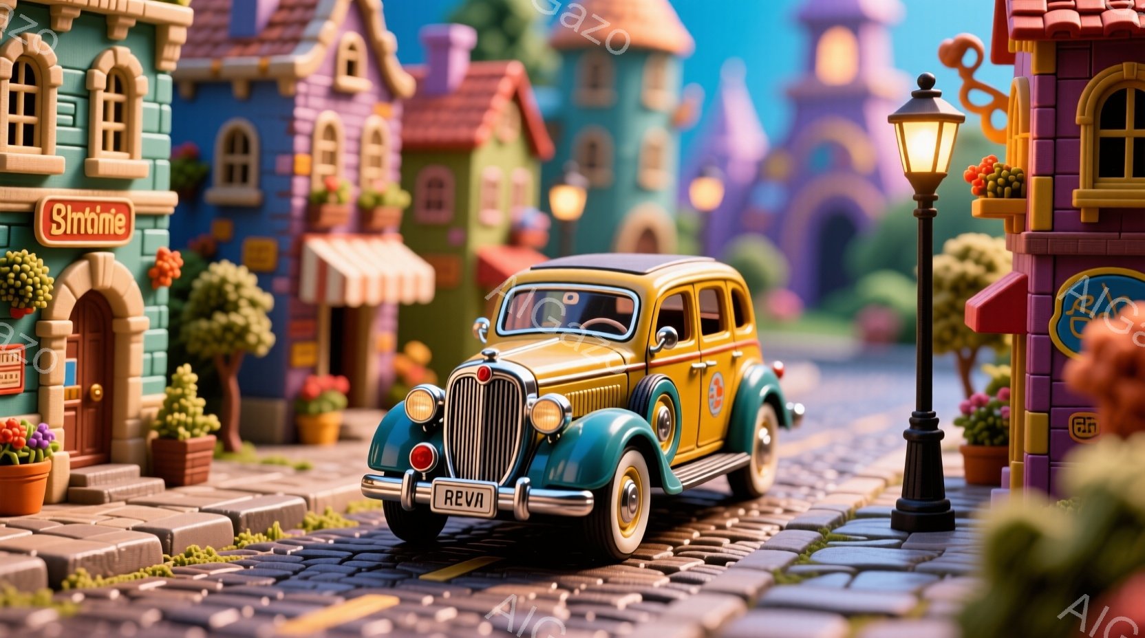 古風な黄色い車が石畳の道を進んでいます。背景には、カラフルで可愛らしい建物が立ち並び、窓辺には花が飾られています。全体的に温かく、おとぎ話のような雰囲気で、まるでミニチュアの世界に入り込んだかのようです。