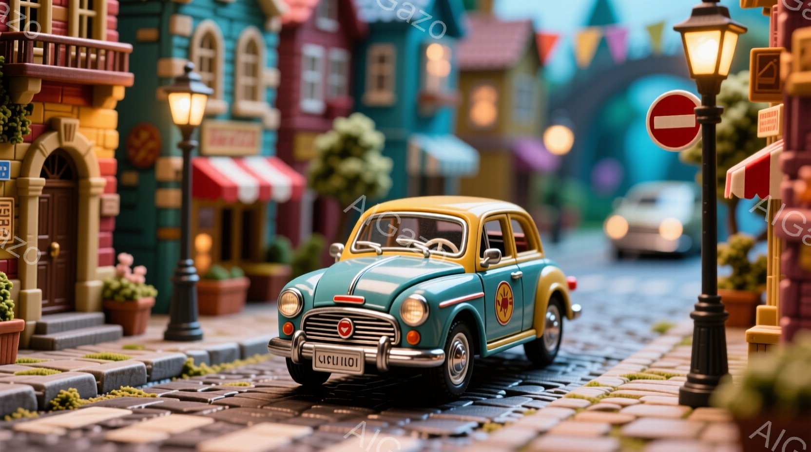 カラフルなミニチュアの街並みを背景に、レトロな水色の車が描かれています。建物は様々な色でペイントされ、窓辺には花が飾られています。石畳の道と街灯がノスタルジックな雰囲気を醸し出しており、まるで模型のセ - AI生成フリー素材