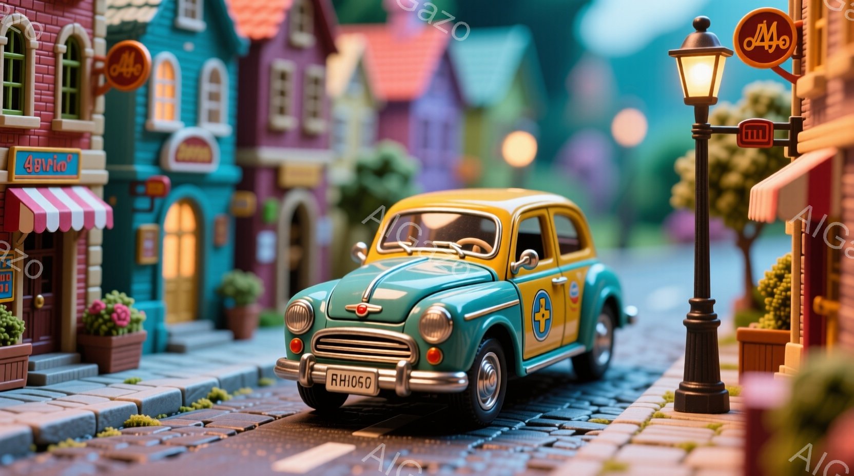 古いモデルの青と黄色の車が、レンガ造りの道を進んでいます。背景にはカラフルな建物が並び、窓辺には花が飾られています。全体的に暖かく、おとぎ話のような雰囲気で、ミニチュアの街並みが可愛らしいです。