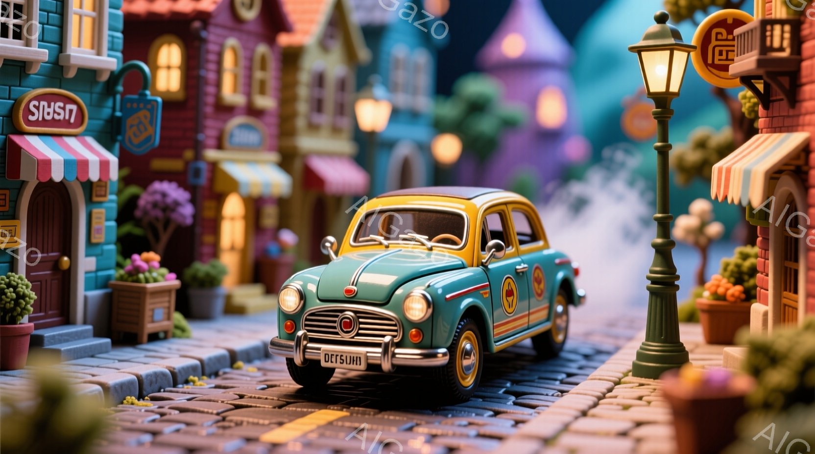 カラフルなミニチュアの街並みに、レトロな青い車が佇んでいます。建物はパステルカラーで可愛らしく装飾され、街路樹や花壇が彩りを添えています。暖かく穏やかな雰囲気が漂い、まるで絵本の中の世界のようです。