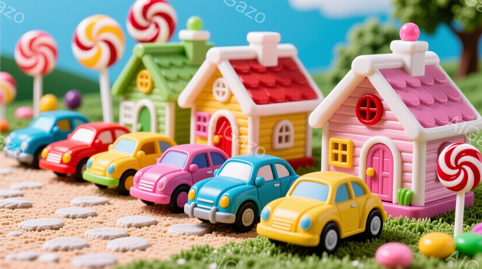 カラフルなミニカーが、おもちゃのような可愛らしい家々の前に並んでいます。背景には緑の芝生と、キャンディのような棒付き飴が立っており、まるで夢のようなお菓子の国のような雰囲気です。明るい色彩と可愛らしいデザインが、遊び心溢れる楽しい空間を作り出しています。