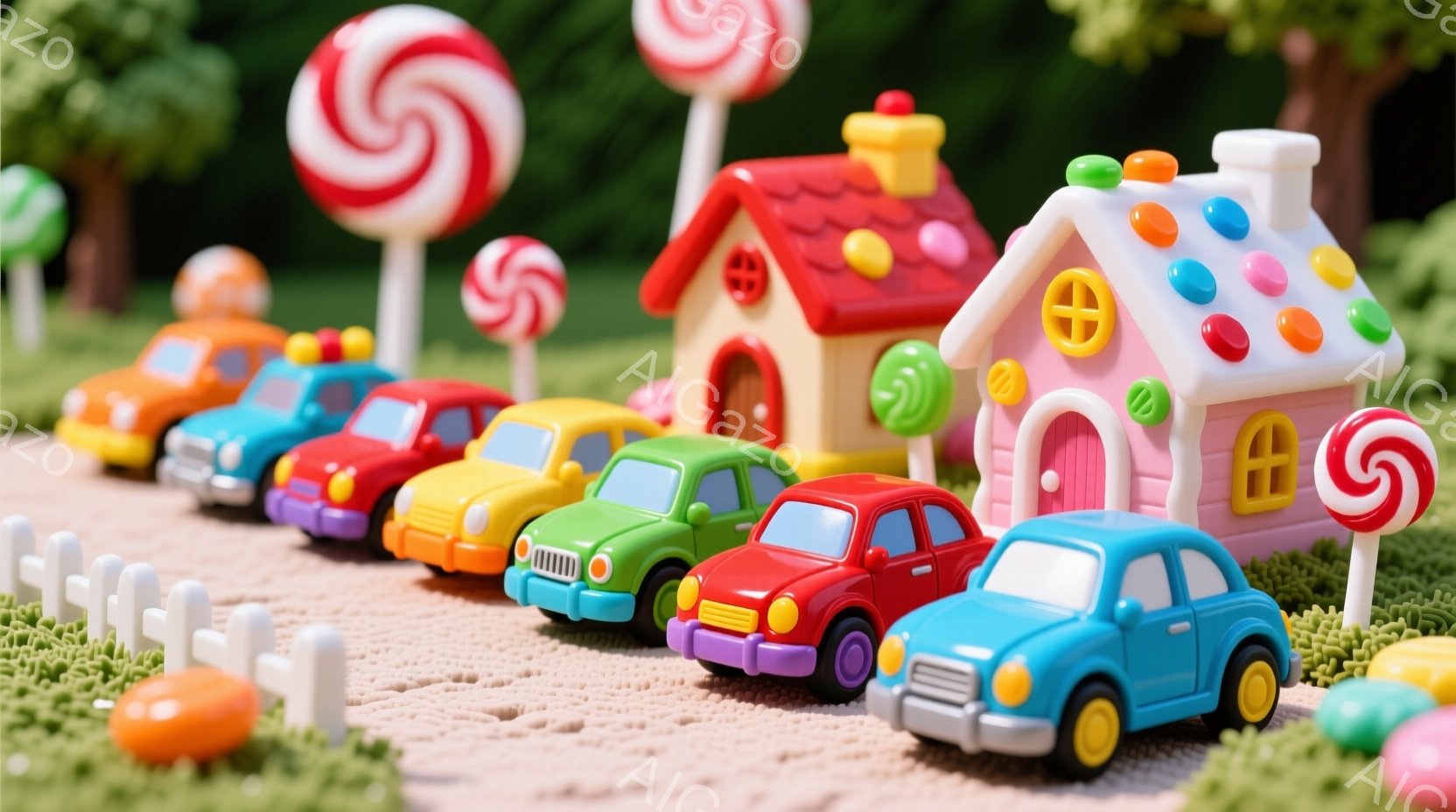 カラフルな自動車が整列しており、その背景にはキャンディやフェンス、可愛らしい家が見えます。家はカラフルなアイシングで装飾され、まるで絵本の世界のようです。全体的に明るく甘い雰囲気で、おもちゃの世界が表現されています。
