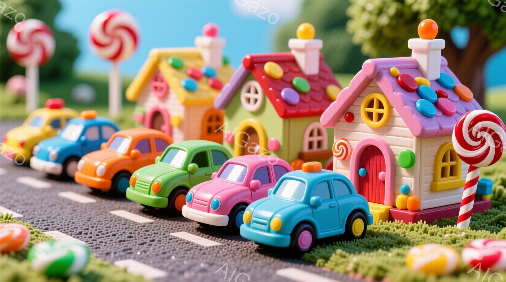 カラフルなキャンディが散りばめられた道路に、ミニカーが整然と並んでいます。背景には、お菓子のようなカラフルな家々が立ち並び、まるで絵本の世界のようです。全体的に明るく、甘い雰囲気が漂い、子供の遊び場を連想させます。