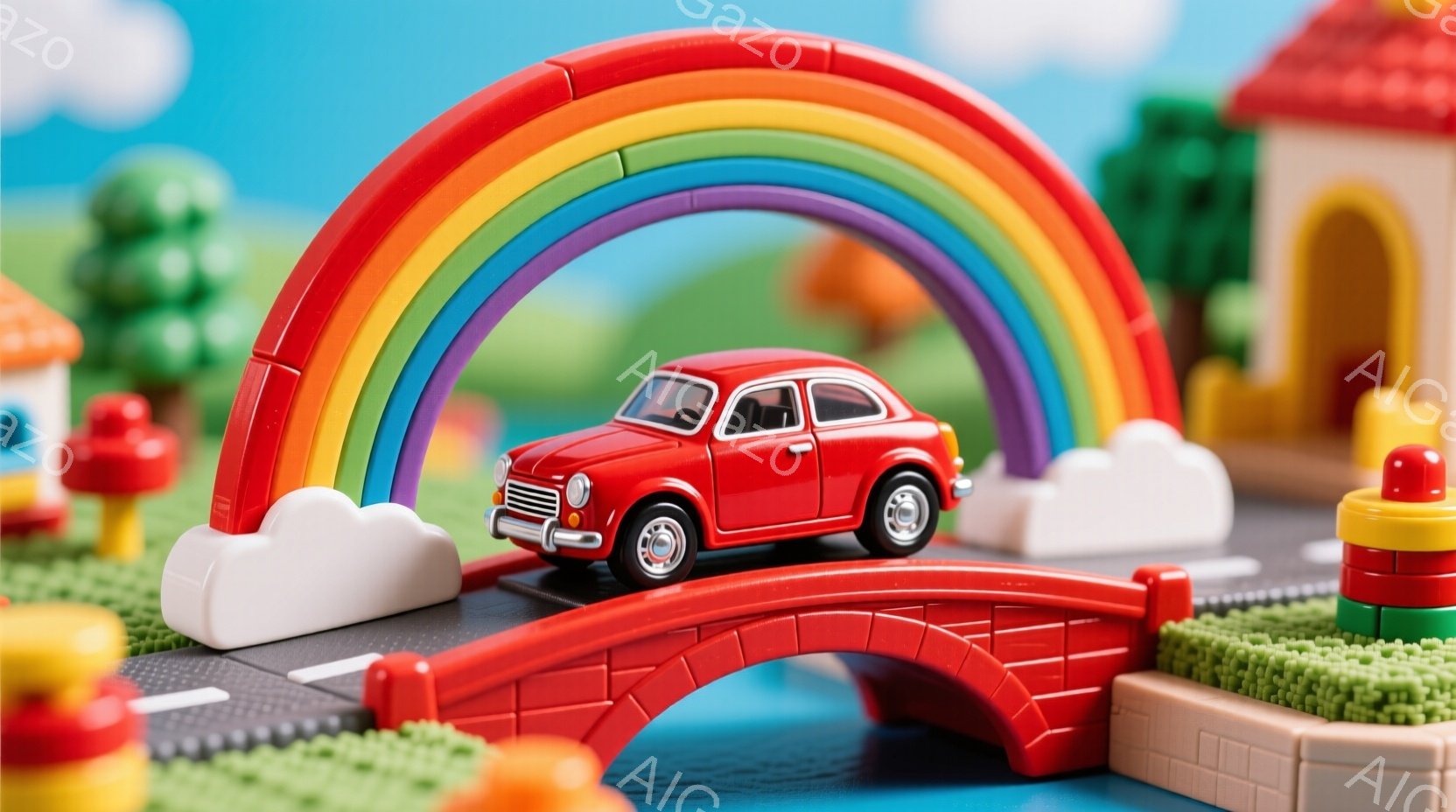 赤い小さな車が、虹色のアーチ状の橋の上を走行している様子が描かれている。背景には、カラフルなブロックで作られた家や緑色の芝生が見え、まるで子供のおもちゃの世界のようだ。全体的に明るく楽しい雰囲気で、遊 - AI生成フリー素材