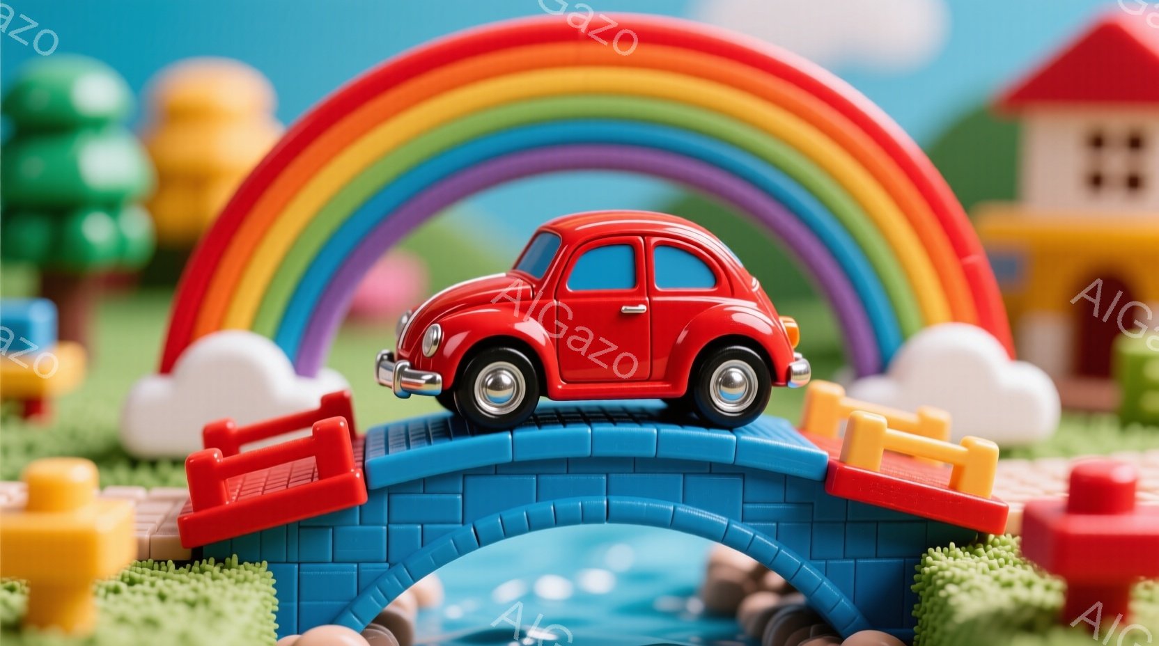 赤いフォルクスワーゲンビートルが、青いアーチ橋の上を走行している様子が描かれています。背景には、緑の芝生、カラフルな建物、そして虹が架かり、まるで子供のおもちゃのような世界観を作り出しています。全体的 - AI生成フリー素材