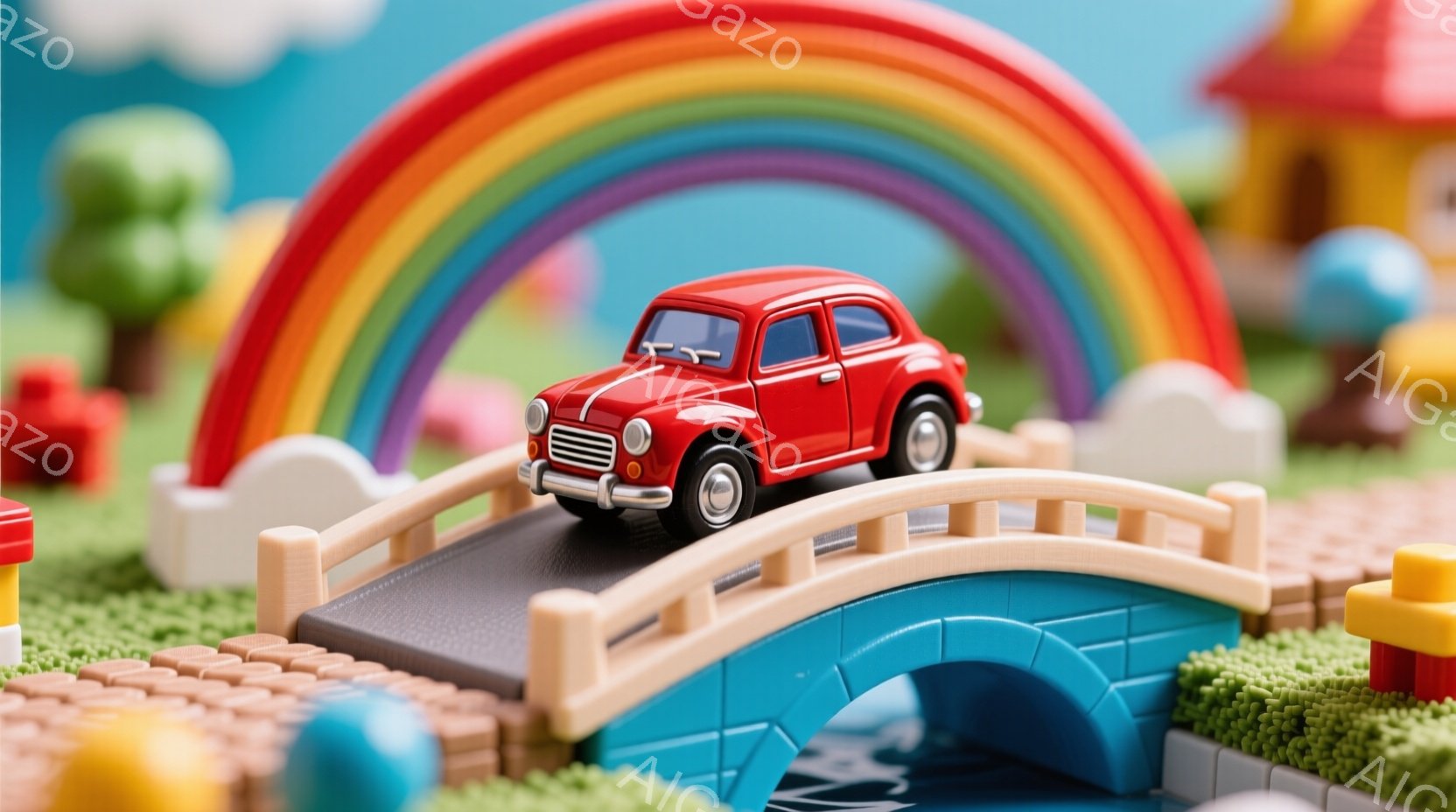プラモデルの世界を表しています。中心には赤いクラシックカーが見られ、その後ろには鮮やかな虹が描かれており、橋を渡るように自動車が進んでいます。 周囲にはミニチュア的な建物と樹木があり、全体として楽しみや創造性を感じさせる雰囲気を持っています。